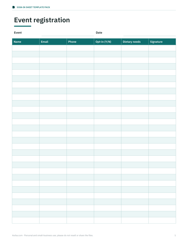 Preview of Printable Event Registration Sign In Sheet