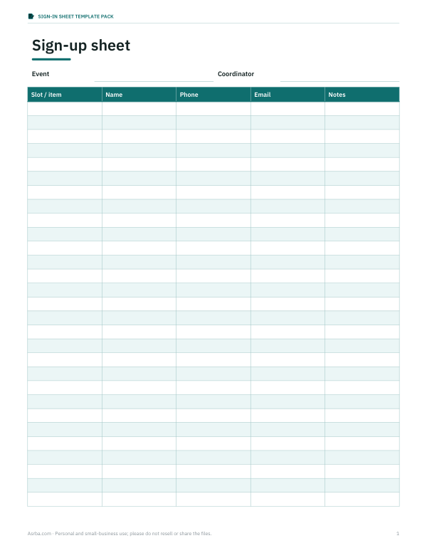 Preview of Printable Sign-Up Sheet Template