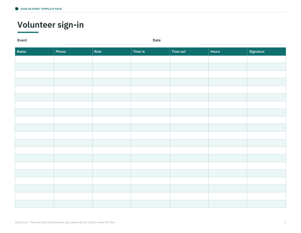 Preview of Printable Volunteer Sign In Sheet